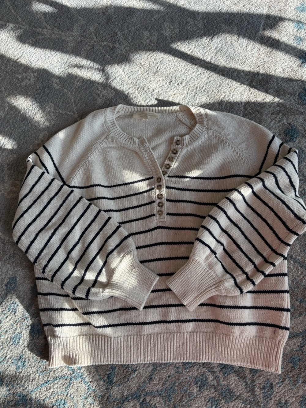 Sezane Cream and Black Striped Henley Crewneck Sweater